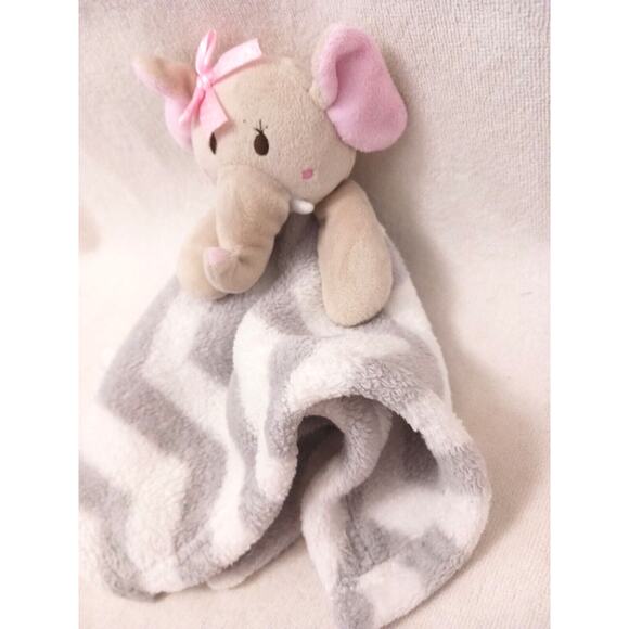 Baby Elephant Security Blanket Toy 12" Tusks Gray Plush Pink White Embroidered - Picture 4 of 16